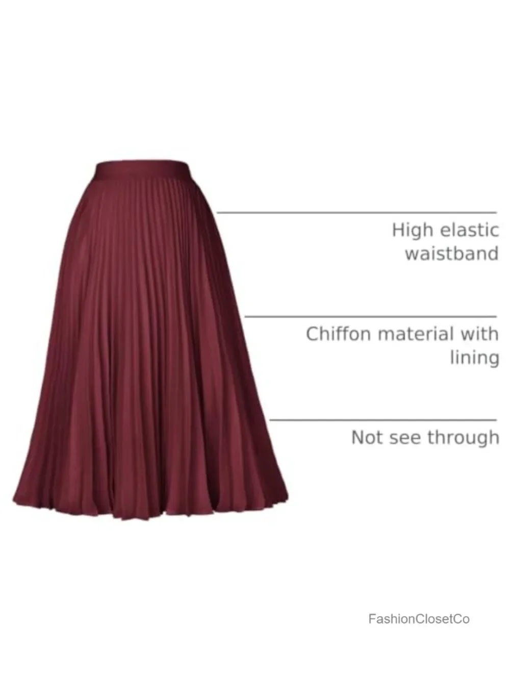 Pleated Chiffon A-Line Midi Skirt Elastic Waist Below Knee